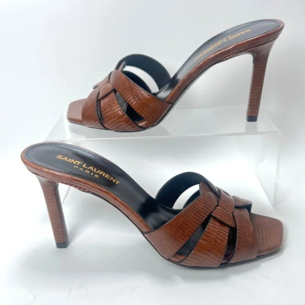 Saint Laurent Tribute Leather Heeled Mules Brown Women Slides Size 37 US7.5 - Picture 2 of 13